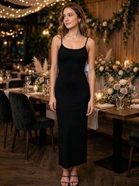 Nordstrom Rack Classic Black Slip Midi Dress - Sleeveless Spaghetti Straps